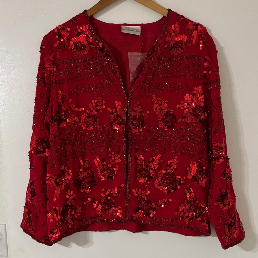 Draper’s & Damon’s NWT Vtg 100% Silk Red Sequin Beaded Jacket Topper Petite M